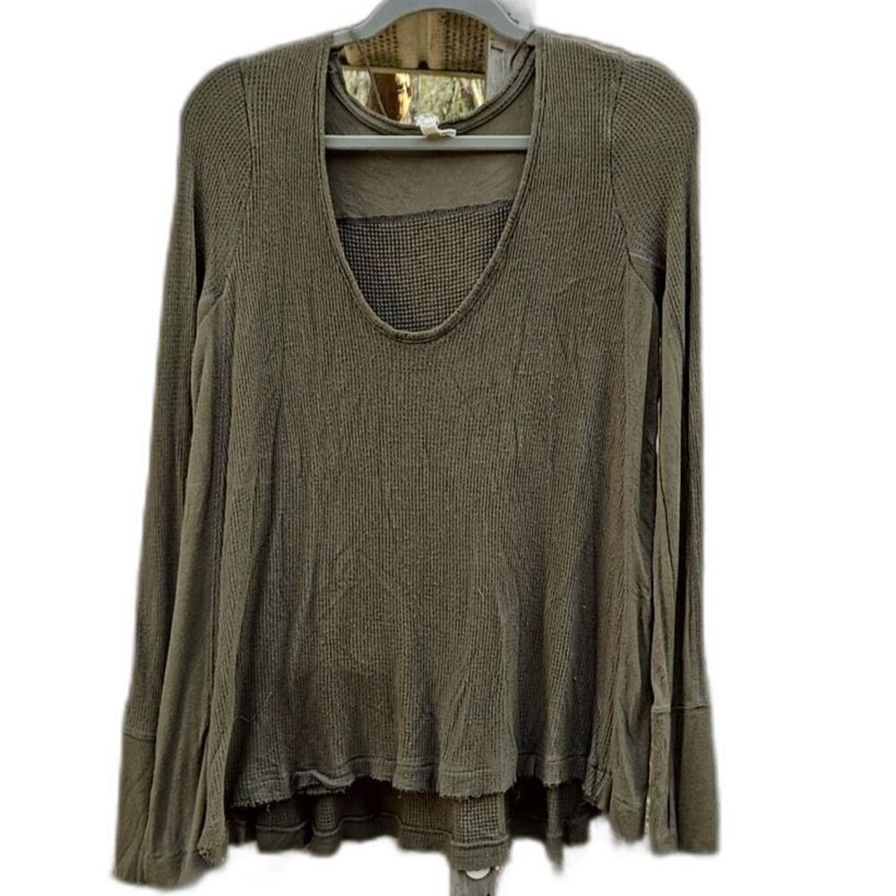 Earthy Boho Goblin Waffle Knit Flowy Relaxed Long Sleeve Scoop Neck Pullover